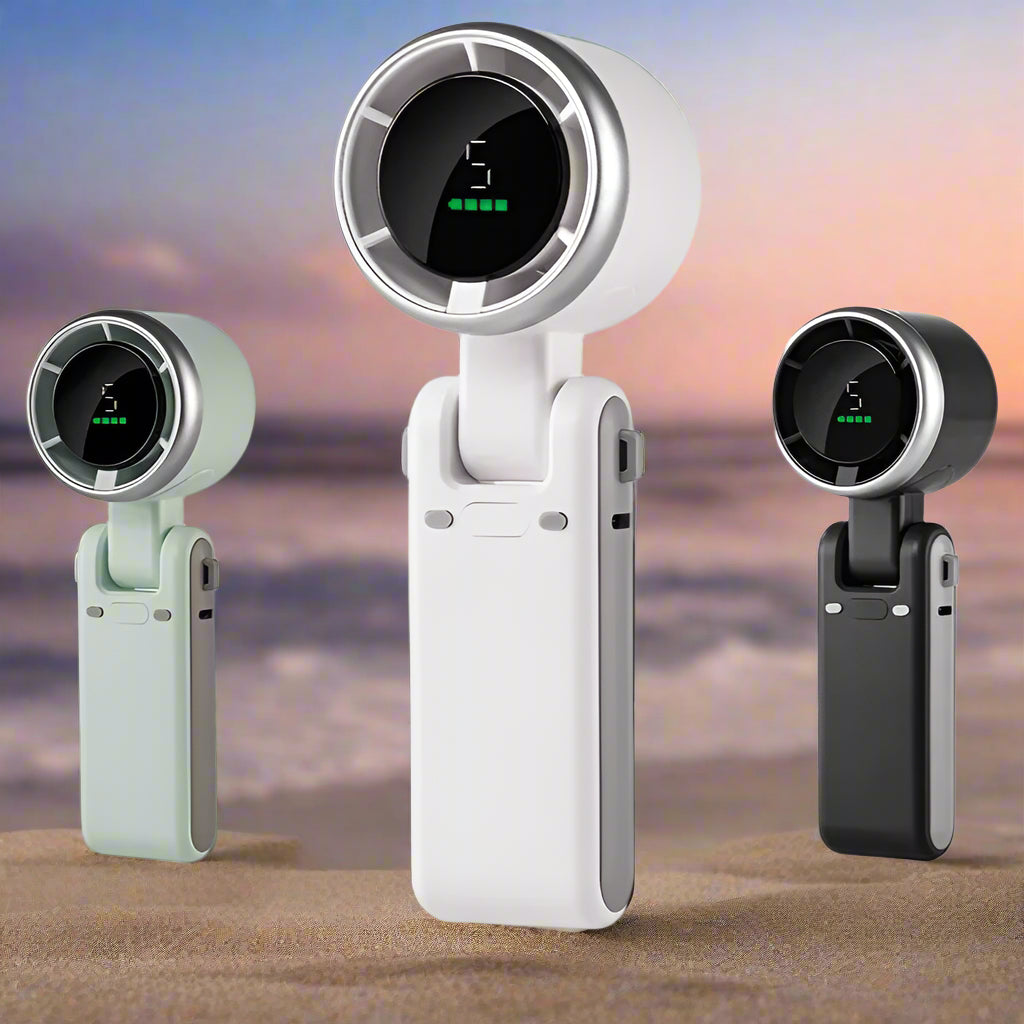 Three portable devices with circular components on a white background