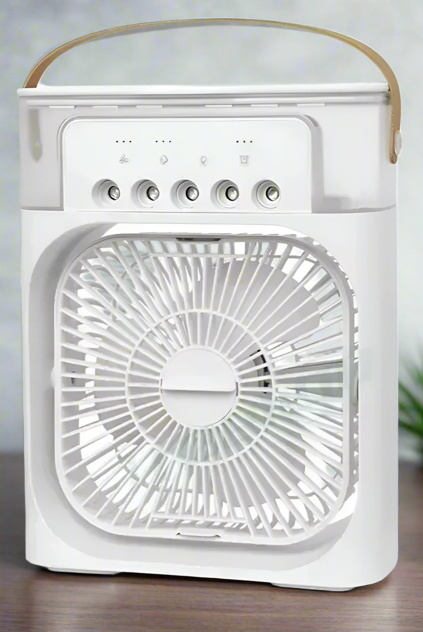 White portable fan with USB humidifier and 7 color light features on a white background