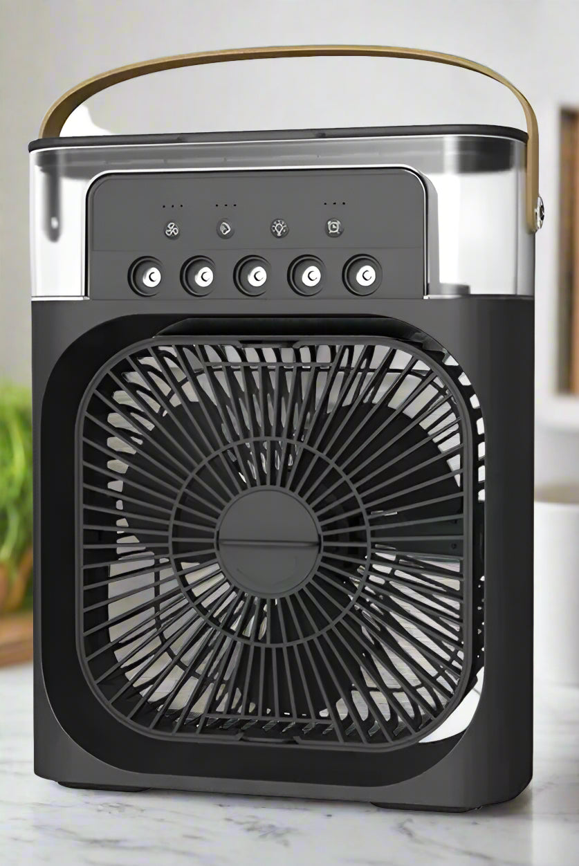 Black portable fan with USB humidifier and 7 color light feature on a white background